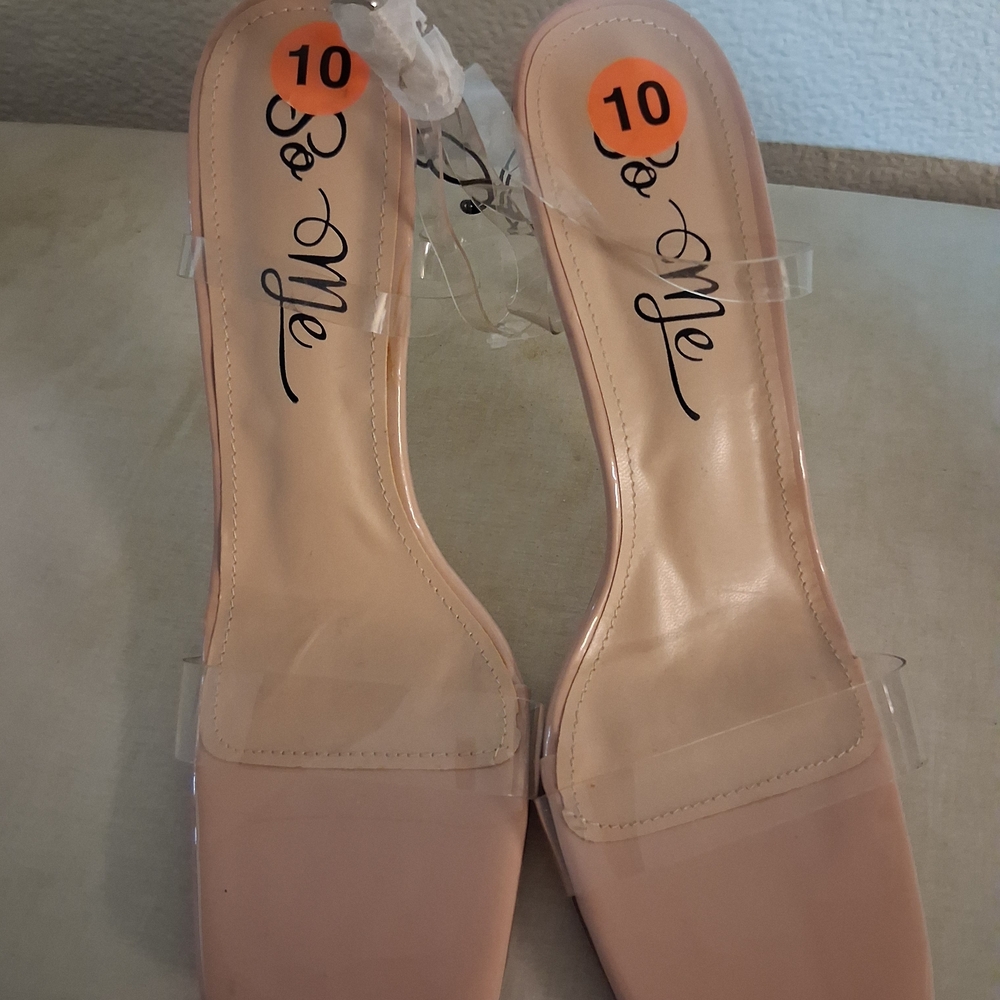 So Me Beige Clear Strap Heels With Rhinestones | Size 10